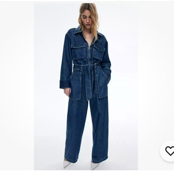 NEW H&M Denim Utility Jumpsuit Women XXL Blue Zip Front Boilersuit Slouch Pocket - Picture 1 of 16